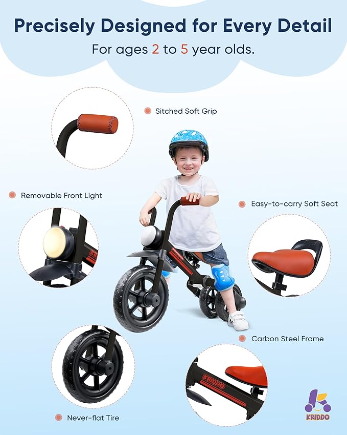 KRIDDO 2-in-1 Kids Balance Bike and Kids Tricycle for 2 to 5 Year Old, Toddler Balance Bike with Detachable Pedals, Tricycles for 3-5 Year Olds with Stitched Soft Grip, Black