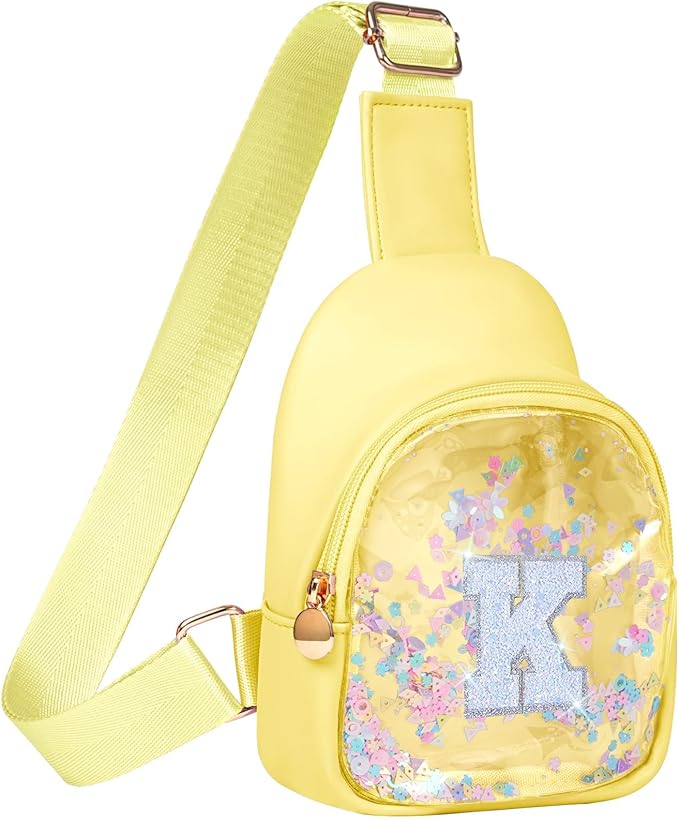 COSHAYSOO Personalized Christmas Birthday Gifts Burr Basket Stuffers for Girls Yellow Purse Sling Bag Crossbody Girl Cute Funny Cool Mini Travel Fashion Accessories Monogrammed Initial Letter K