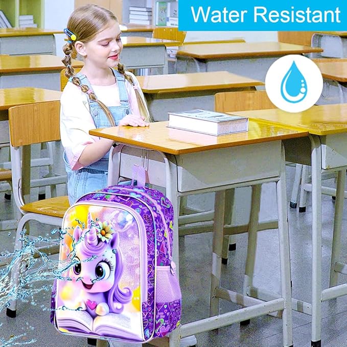 CCJPX 3Pcs Unicorn Backpack, 16” Kids Girls Bookbag with Lunch Box, Water Resistant Elementary School Bag for Kindergarten Preschool Toddler (Purple)