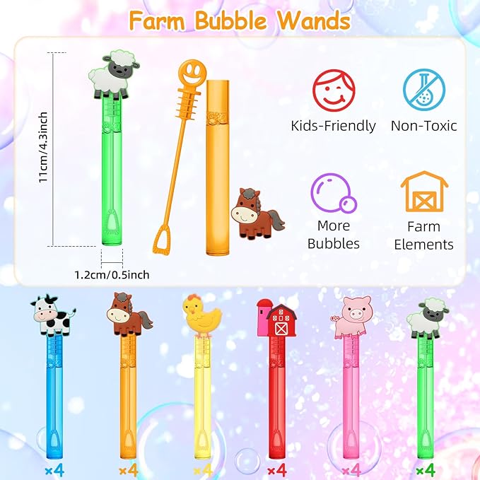 24 Farm Animal Party Favors Bubble Wands for Kids, Chicken Sheep Horse Cow Pig Mini Bubbles Wand Toys, Barnyard Farm Theme Birthday Party Supplies Goodie Gift Bag Stuffers Pinata Classroom Prizes