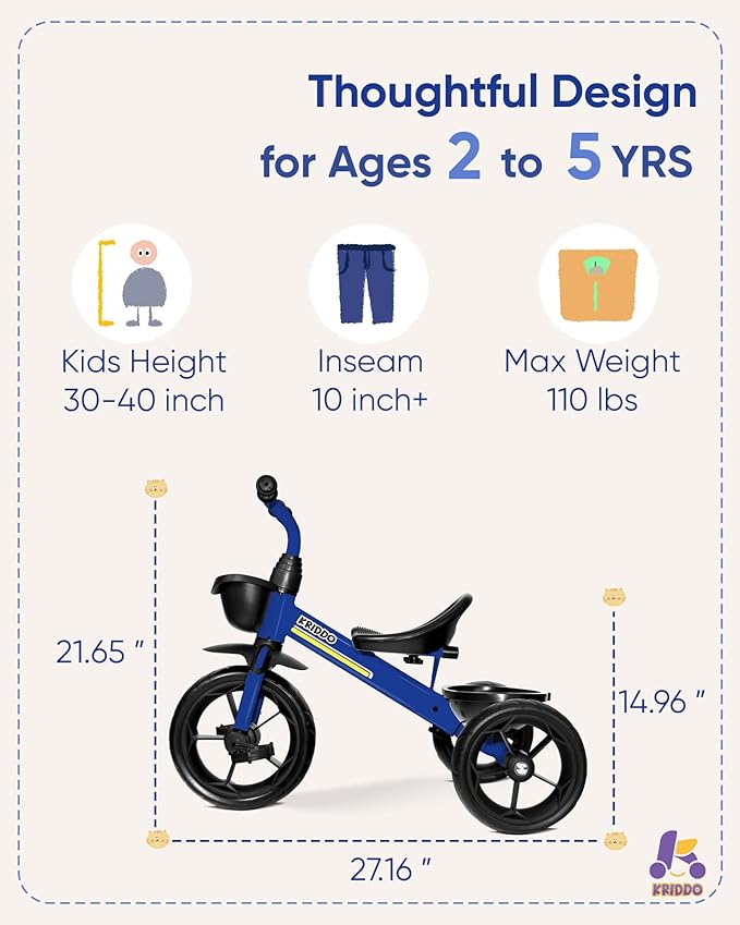 KRIDDO Kids Tricycles Age 24 Month to 4 Years, Toddler Kids Trike for 2.5 to 5 Year Old, Gift Toddler Tricycles for 2-4 Year Olds, Trikes for Toddlers, Sporty Styling, Blue