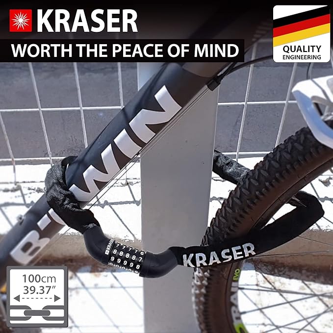 KRASER KR610 Bike Chain Lock, Extra Safety with 5 Digit Code, Thicker and More Durable ø8mm/0.31in Steel Links with Nylon Cover, Anti Theft for Bicycle, Scooter, Gates, Containers, 100cm/3.2ft Long