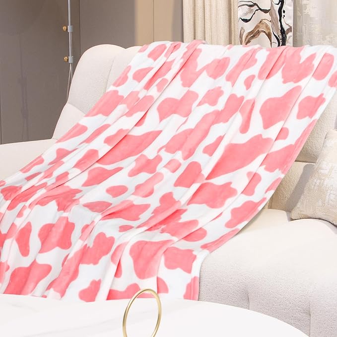Strawberry Pink Fleece Blanket - Cute Soft Cow Print Throw for Bedroom Decor - Lightweight Warm Fuzzy All-Season Use 50"x60"