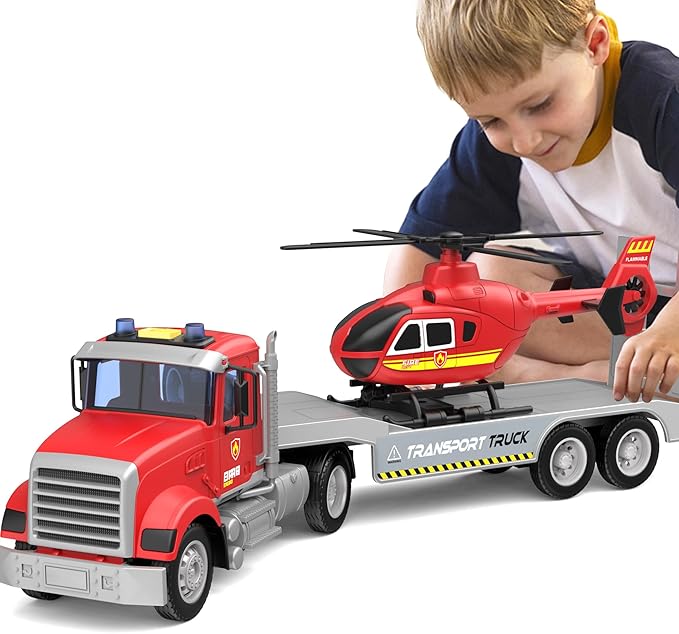 22" Semi Fire Truck Toy with Helicopter for Kids Toddlers - Fire Police Car Toys, Birthday for Boy Girl Child 3 4 5 6 7 Years Old
