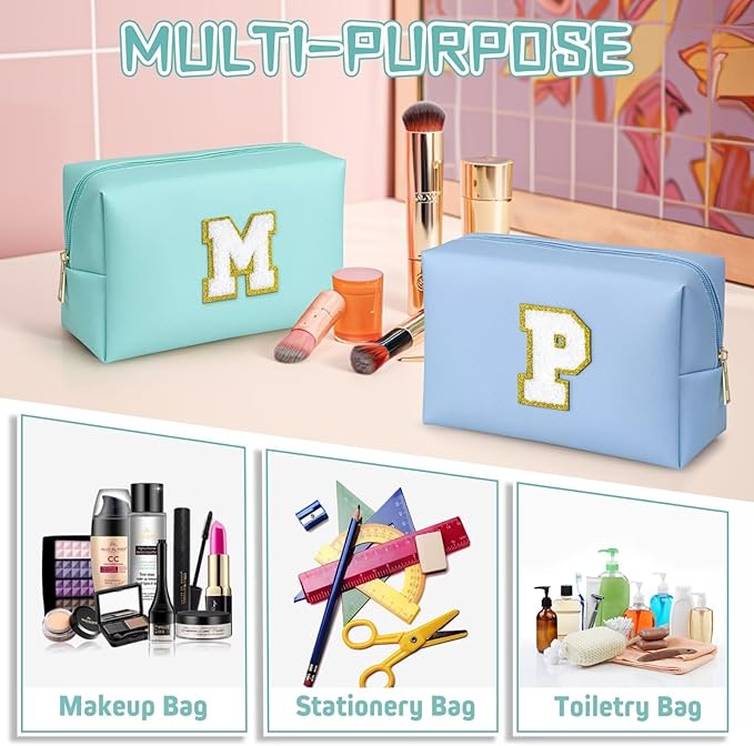 TOPEAST Birthday Gifts for Girls, Travel Makeup Bag Chenille Letter Pouch Cosmetic Bag, Makeup Travel Organizer, Monogrammed Bridesmaid Gifts for Women, Cute Stuff for Girls (Blue J)