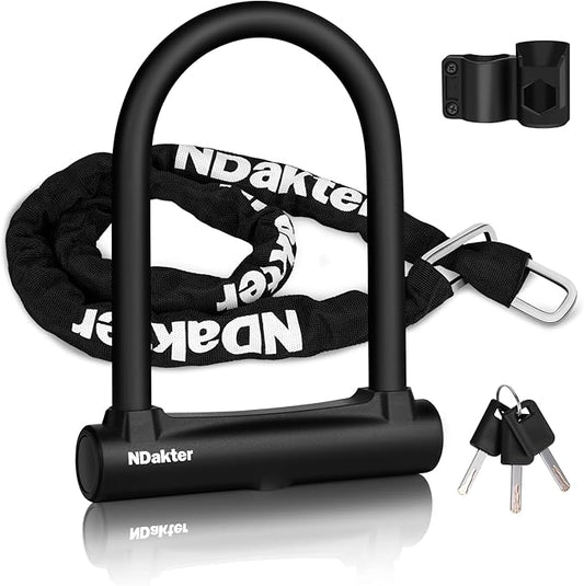 NDakter Bike Locks Heavy Duty Anti Theft, Bike U Lock with 4FT Chain and Bracket,15mm Shackle Electric Bicycle Lock for Scooter, 3 Keys Motorcycle Wheel Lock for Ebike, Moped, Tricycle