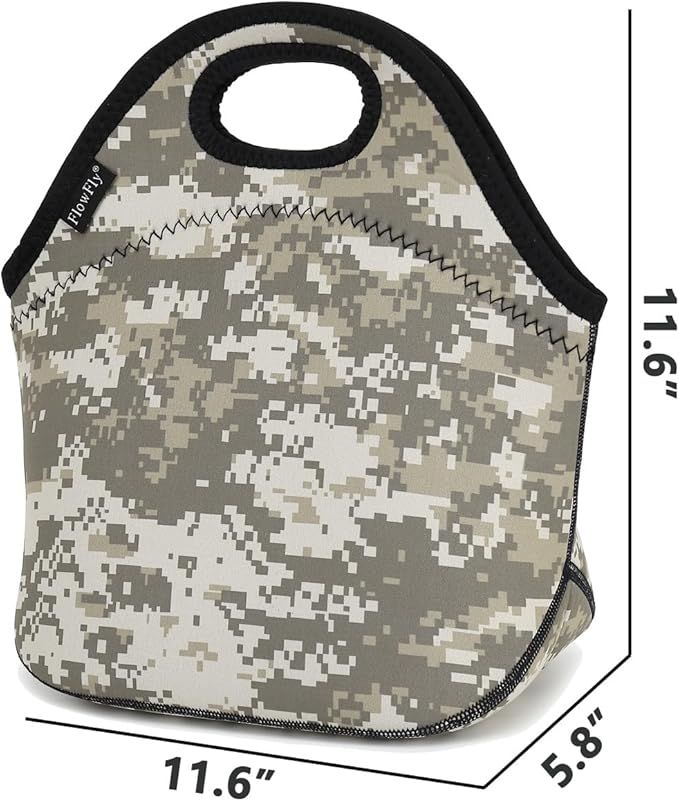 FlowFly Neoprene Lunch Tote Insulated Thermal Reusable Lunch Bag Box for Boys Men with Zipper (Digital Camo)