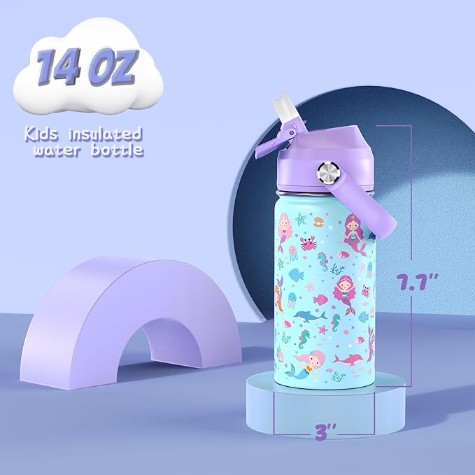 14oz Kids Insulated Water Bottle with Straw Lid - 18/8 Stainless Steel Kid Cup Travel Tumbler Double Wall Vacuum Leak Proof Portable Toddler Water Bottle (Mermaid)