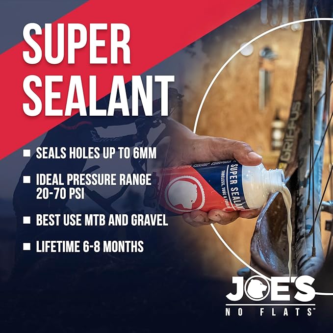 JOE'S NO FLATS Super Sealant - Gravel and MTB Bike Tires - Ultra-Fast Sealing for Tubeless and Inner Tubes | for Holes up to 0.25 Inches | Ready to Use Effective Puncture Seal