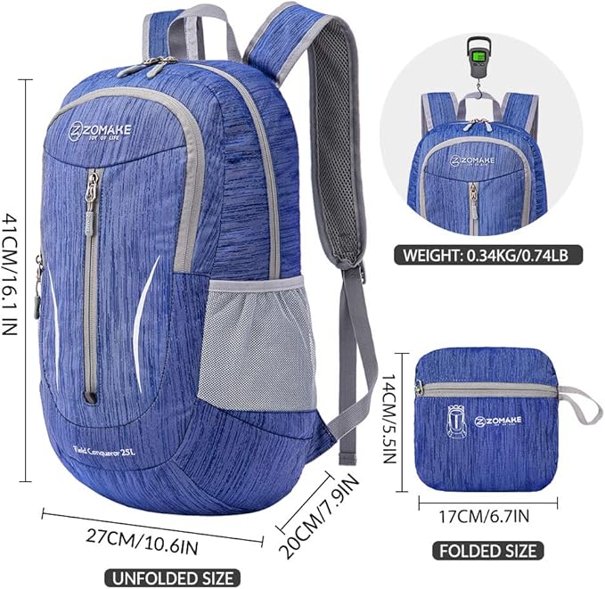ZOMAKE 25L Ultra Lightweight Packable Backpack, Foldable Hiking Backpacks Water Resistant Small Folding Daypack for Travel(Dark Blue)