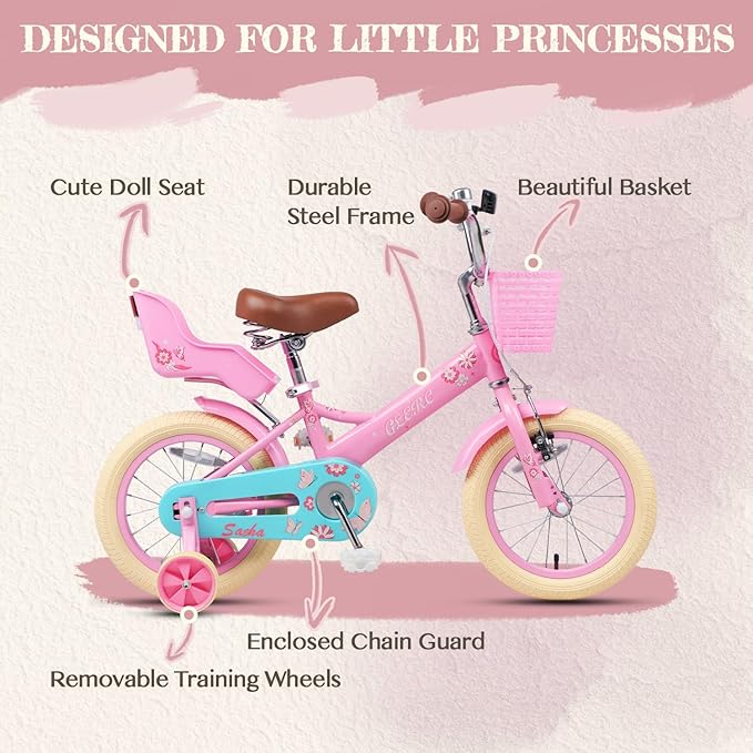 Glerc Sasha Girls Bike, 12-20 Inch Kids Bike for Children Ages 2-13 Years, Kids Bicycle with Doll-Seat & Basket & Training Wheels, Multiple Colors