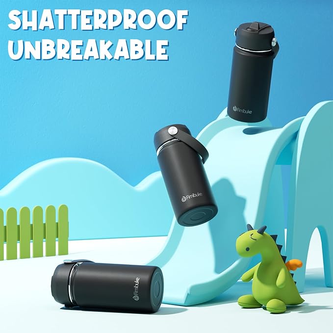 Fimibuke Kids Insulated Water Bottle, 14oz BPA FREE 18/8 Stainless Steel Travel Tumbler Double Wall Vacuum Leak Proof Kids Cup with Straw Metal Water Bottle for School Boys Girls(1 Pack, Black)