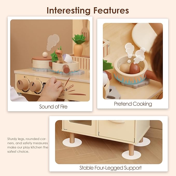 Wooden Play Kitchen for Kids, Realistic Pretend Kitchen Playset with Swivel Faucet & Kitchen Accessories Set for Toddlers Ages 3+