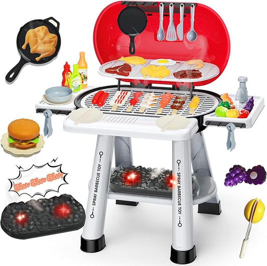 Kitchen Toy Set, Kids Grill Playset with Play Sink, Indoor Outdoor Interactive BBQ Grill Play with Smoke, Sound & Light, Pretend Cutting Food for Toddlers, Christmas Birthday Gift for Boys and Girls