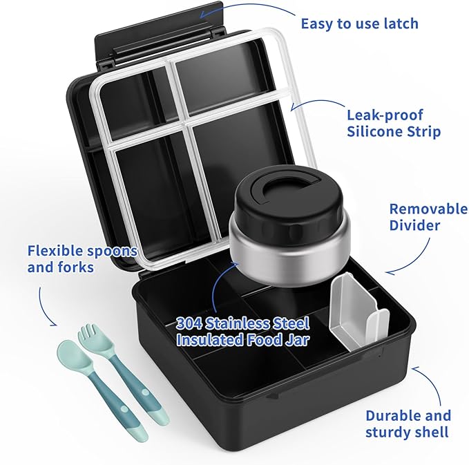 Bento Box for Kids with Thermo Food Container (9oz), 4-Compartment Lunch Box, Adjustable Divider, Leakproof Bento Lunch Box, Includes Utensils & Carry Bag for School, Office(Black)