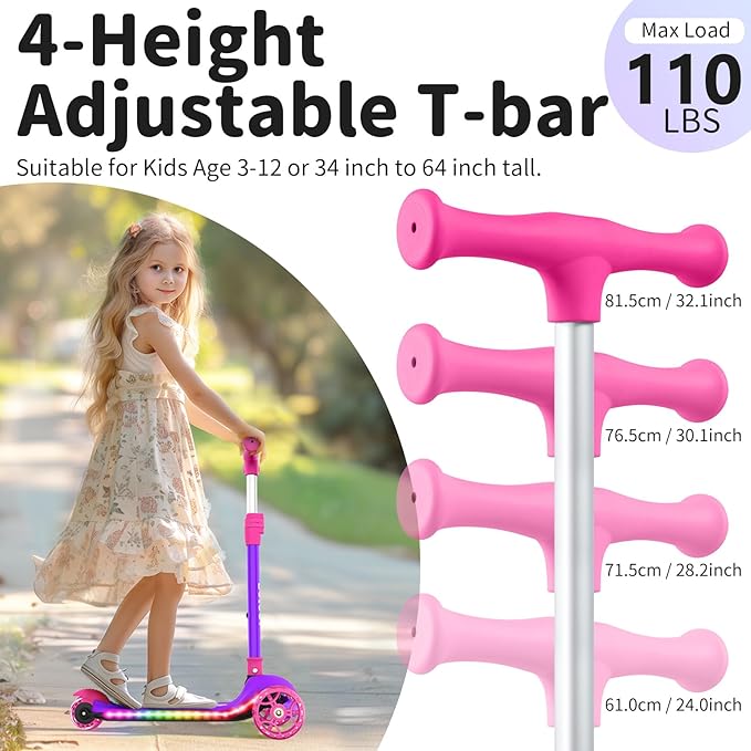 BELEEV A9 Kids Scooter with LED Light-Up Wheels & Deck, 3 Wheel Folding Scooter for Toddlers Girls Boys Ages 3-12, Adjustable Handlebar, Lean to Steer, Extra-Wide Wheels, Kick Scooter for Children