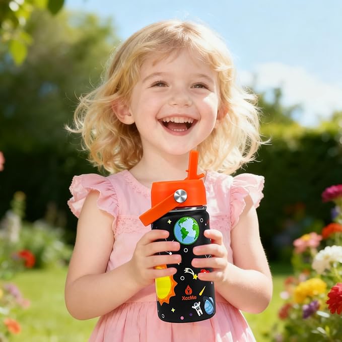 Kids Water Bottle With Straw Lid,14 oz Stainless Steel Travel Bottle,Double Wall Leak Proof Kids Cup,Insulated Tumbler for Toddlers,Metal Bottle for School Boys Girls (Space)