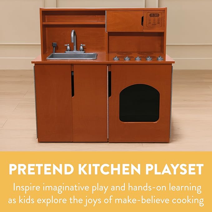 Chef's Station Kids Wooden Pretend Kitchen Playset, Play Kitchen, Dark Walnut