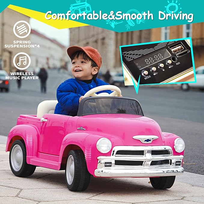 Joywhale 12V Kids Ride on Car Licensed Chevrolet 3100 Pickup Battery Powered Motorized Electric Car, with 7AH Big Battery, 2.4G Remote Control, 3-Speeds, Storage Space, Music, Retro Style, Pink
