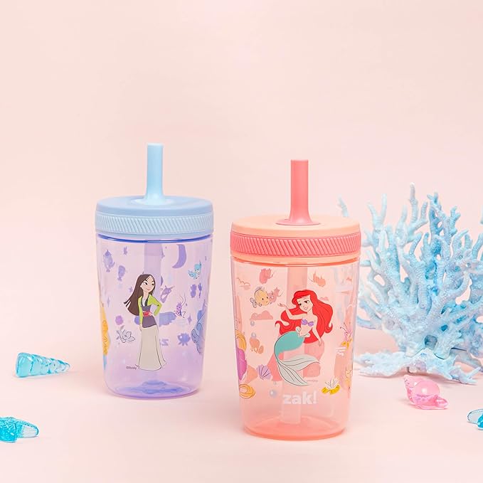 Zak Designs Disney Princess Kelso Toddler Cups For Travel or Home, 15oz 2-Pack Plastic Sippy Cups, Leak-Proof For Kids (Ariel, Aurora, Belle, Cinderella, Jasmine, Mulan, Rapunzel, Tiana)