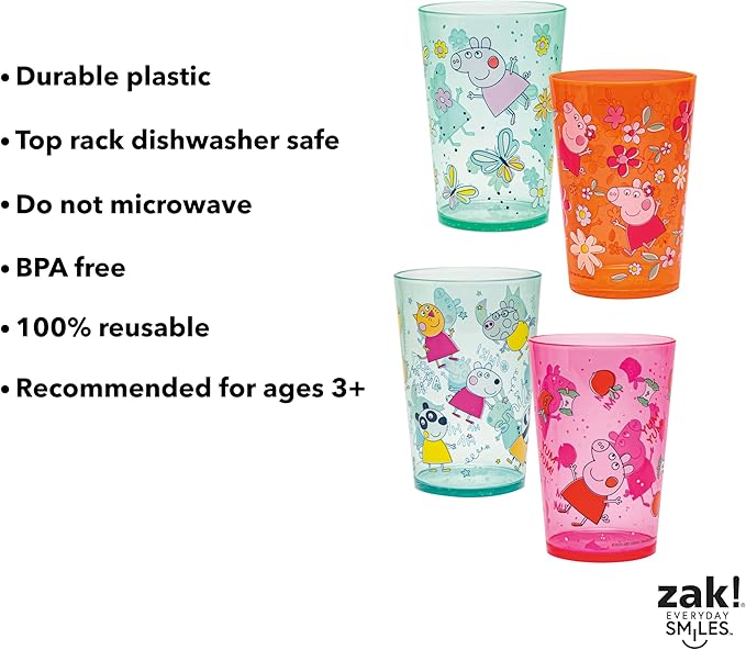 Zak Designs Peppa Pig Nesting Tumbler Set for At Home, 14.5oz Non-BPA Plastic Cups, 4-Pack (Peppa Pig and Friends)