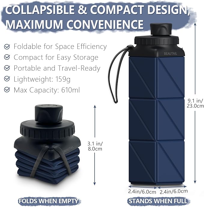 Collapsible Water Bottles, Silicone Foldable Water Bottle 610ml, Portable Lightweight Reusable Leakproof Bottle for Gym Travel Camping Hiking Sports Outdoor, 1 Pack (Dark Blue)