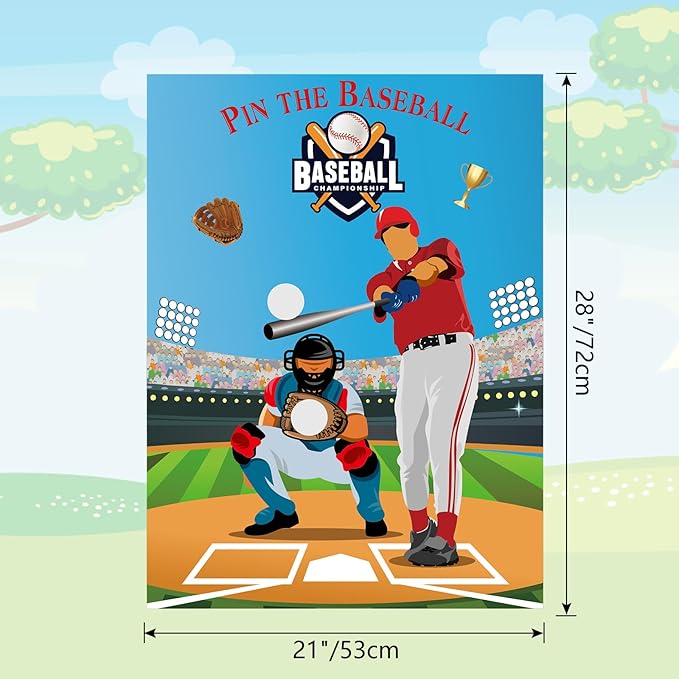 PLULON Pin The Baseball Party Game for Kids Pin the Baseball on the Glove and Bat Large Baseball Poster with Baseball Stickers for Boys Girls Birthday Party Wall Decorations Classroom Activities