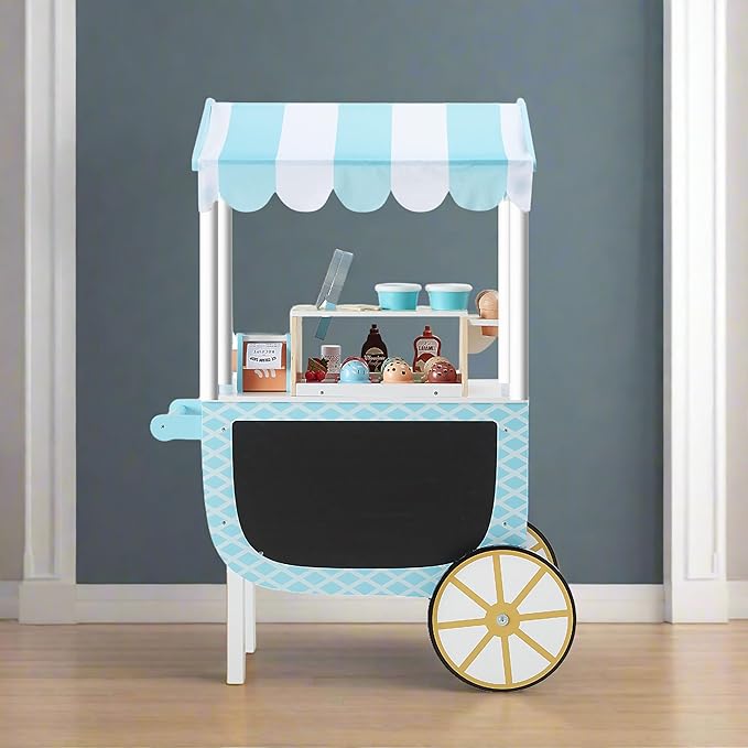 Teamson Kids My Little Helper Ice Cream Cart with Pretend Money, Colorful Magnetic Ice Cream Scoops and Chalkboard Panel, Blue/White