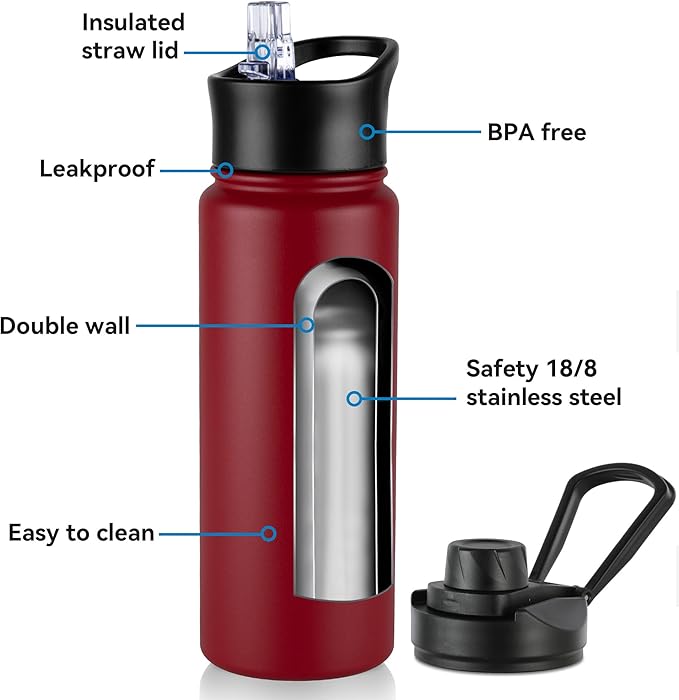 24oz Insulated Water Bottle with Straw Lid, Stainless Steel Metal Water Bottle with Straw & Wide Mouth Lid, Double Wall Vacuum Water Bottle for Hiking Camping, Red 1 Pack