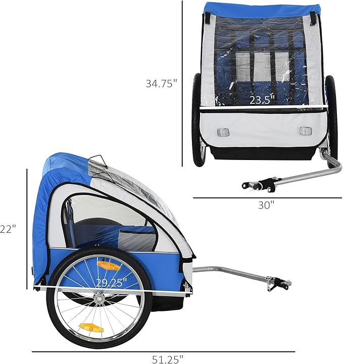Aosom 2-Seat Child Bike Trailer for Kids with a Strong Steel Frame, 5-Point Safety Harnesses, & Comfortable Seat