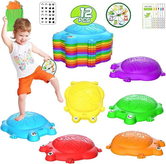 Stepping Stones for Kids, 12 Pcs Frog Non-Slip Balance Steps Stones Sensory Toys for Toddler Ages 3-5, Obstacle Course Coordination Game, Indoor Outdoor Yard Games for Boys Girls