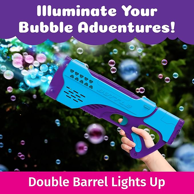 PoppinColorz Spectra Rechargeable Color Bubbles Blaster with 1 Pink, 1 Blue and 4 Clear Bubble Solutions Made in The USA, Double-Barrel Light-Up - No Dipping Necessary - Easy Click Trigger