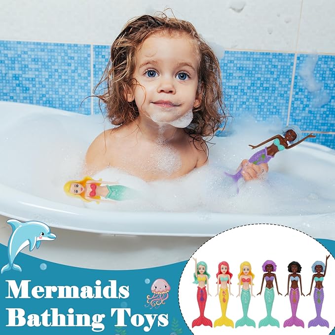6 PCS Mermaid Dive Toys Set Sinking Pool Bathtub Games Dolls Colorful Underwater Diving Mermaids for Kids Girls Aged 3-12 Non-Repeating Designs for Swimming Skills Training Spring Summer Beach Fun