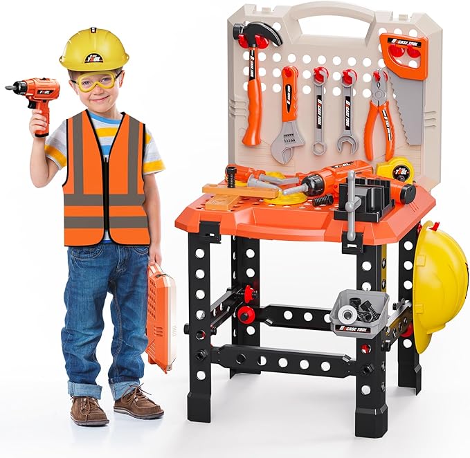 Kids Tool Bench -Toy Workbench with Electric Drill Toy Tool Accessories and Construction Vest 91pcs Toddler Tool Bench,Pretend Play Learning Toy Tool Bench for Kids Ages 3-5,4-8