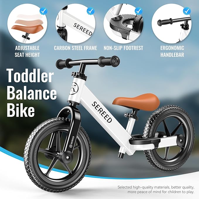 SEREED Toddler Balance Bike 2 Year Old, No Pedal Kids Bicycle Toys for 2-5 Years Old, Tool-Free Adjustment, Customize Plate with Stickers, Gift for 2-3 Boys Girls (White)