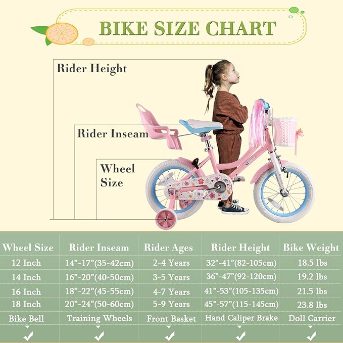 RULLY Daisy Kids Bike for Girls Ages 2-9 Years, 12 14 16 18 Inch Princess Girls Bicycle with Doll Bike Seat, Training Wheels, Basket and Streamers, Kids Cycle Bikes, Multiple Colors