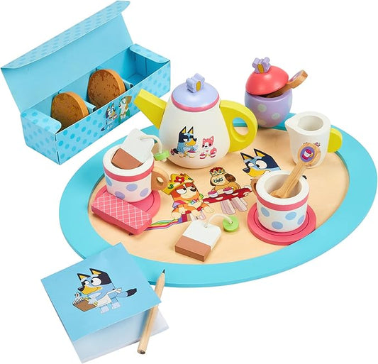 Bluey Wooden Tea Party Set – 18 PC Pretend Play Set with Tray, Teapot, Tea Cups, Biscuits, Sugar Pot, Notepad & Pencil- Durable, Eco-Friendly FSC Certified Wood – Imaginative Role Play Toy for Kids 3+