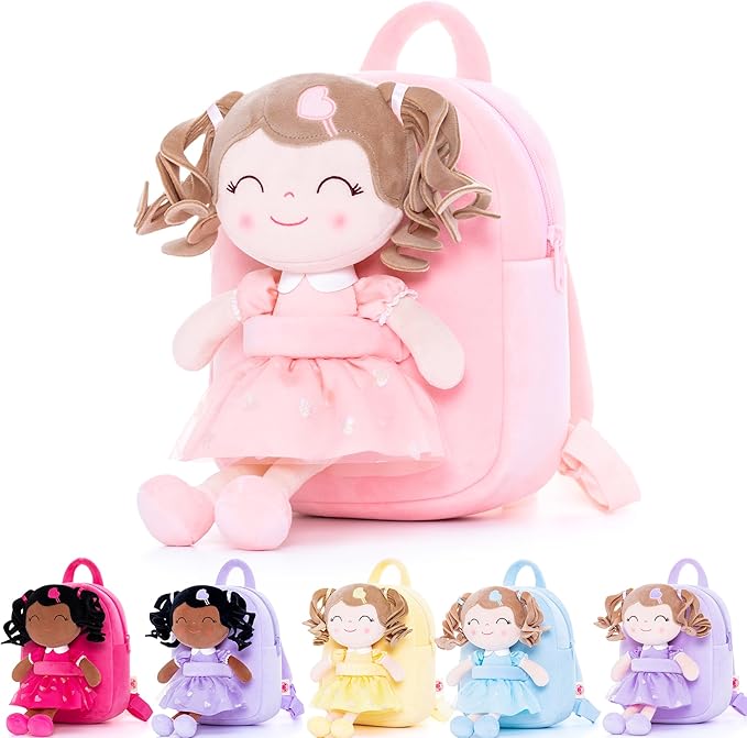 Gloveleya Toddler Backpack Baby Girl Gifts Plush Bag Diaper Bag with Spring Girls Doll Curly Hair Girl Toys with Love Pink