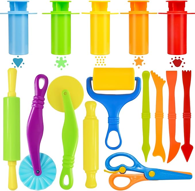 Playdough Tool Set, 15 Pcs Play Dough Tools Sets for Kids Ages 4-8, Playdough Accessories Includes Cutters Roller, Rolling Pins, Safety Scissors, Plastic Knife