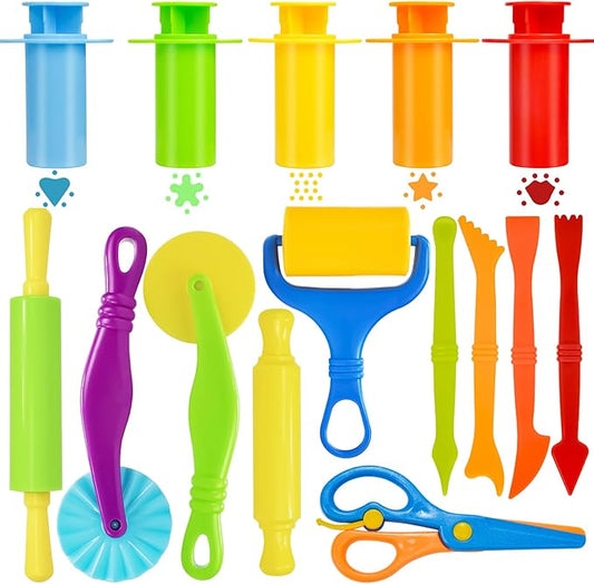 Playdough Tool Set, 15 Pcs Play Dough Tools Sets for Kids Ages 4-8, Playdough Accessories Includes Cutters Roller, Rolling Pins, Safety Scissors, Plastic Knife