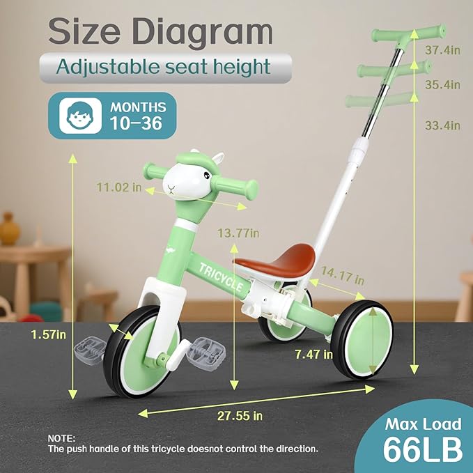 Tricycle for Toddlers 1-3 Year Olds, 5 in 1 Toddler Balance Bike 2-4 Years Old Boys Girls, Push Trike Toys with Adjustable Handle, Birthday Gifts for 2 3 4 5 Year Old Kids Bike (Green)