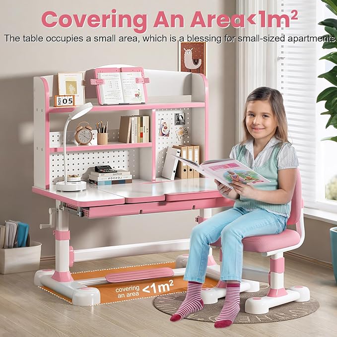 Kids Desk and Chair Set, Height Adjustable Study Table with Bookshelf & Storage Drawer, 0-50° Tiltable Desktop, Ergonomic Study Desk for Boys and Girls Ages 3-12 (Pink)