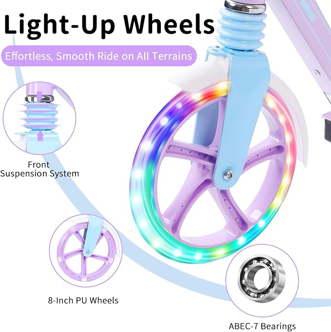 BELEEV V5 Plus Scooters for Kids Ages 6+, Teens with Light-Up Wheels & Deck, 2 Wheel Folding Lightweight Sport Scooter with 4 Adjustable Height, 8-inch Big Wheels, Carry Strap, Max Load 220 lbs