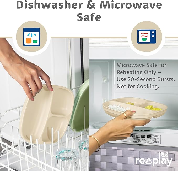 Re-Play Toddler Plates with Dividers - Deep-Walled 3 Compartments Divided Plates for Kids with 3 Lids - Dishwasher & Microwave Safe - Made in USA - Set of 3-7.37" x 7.37" x 1.25" - Beach Baby