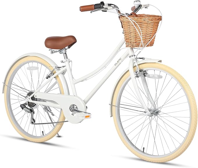 Glerc 20 24 26 Inch Beach Cruiser Bike, 6-Speed Hybrid City Bicycle for Girls Youth and Over 6 Years Old, Missy Bike with Wicker Basket & Lightweight, Multiple Colors