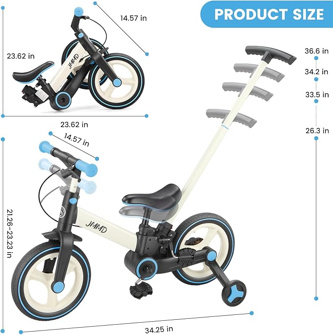 JMMD Toddler Bike with Push Handle for Kids 18-60 Months, 6 in 1 Foldable Push Bike with Training Wheels, Pedals, Brakes, Kickstand, Kid Balance Bike Gift & Toys for Boy & Girl