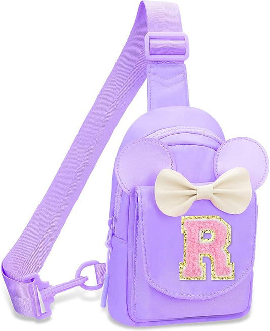 Girls Small Sling Bags for Kids - Girl Birthday Gifts for 3 4 5 6 7 8 9 10 Year Old Fanny Pack Belt Bag Personalized Small Initial Pink Sling Bag for Kid Girls Crossbody Bags Purse Purple R