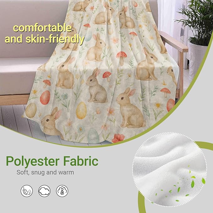 Playful Rabbit Blanket,Cute Bunny with Flower and Mushroom Fleece Blankets,Decorative Throw for Couch,Bedroom,Travel,Camping,Practical Throws Gifts for Kids Adults Animal Lovers,50X60 Inch
