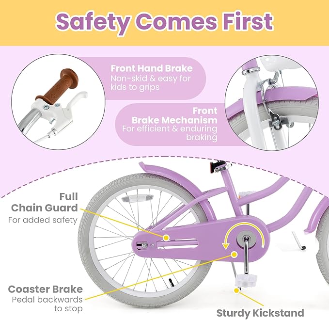 COSTWAY Kids Bike, 12 14 16 18 Inch Toddler Bike Children Bicycle w/Training Wheels, Hand & Coaster Brakes, Adjustable Saddle & Handlebar, Basket, Bell, Kids Bicycle for Girls Boys Aged 3-8 Years Old