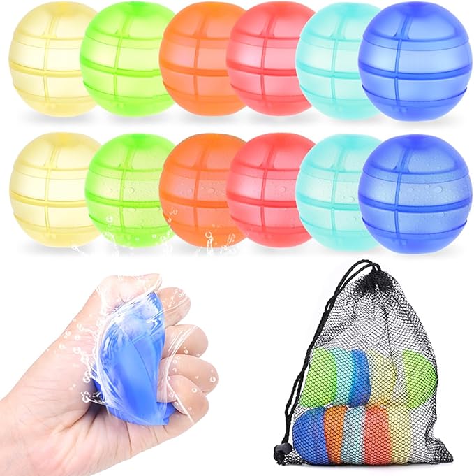 Reusable Water Balloons for Kids, 12PCS Refillable Latex-Free Silicone Water Bomb with Mesh Bag, Summer Toys Beach toys Swimming Pool Party Supplies Bath Toy Outdoor Idea Gift for Kids
